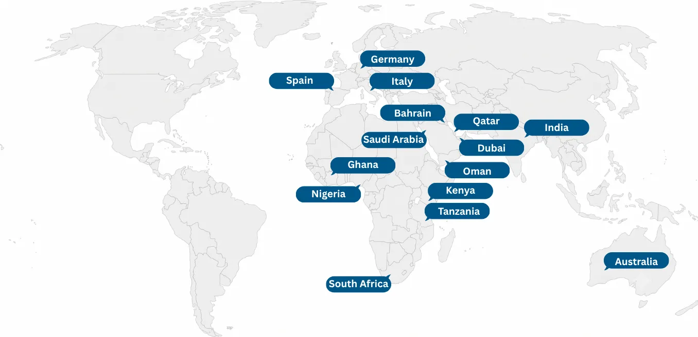  World Map Showing Om Brass Industries Exporting Brass Components, Brass Fittings and Precision Brass Parts to Germany, Spain, Italy, Bahrain, South Africa, Tanzania, Australia, Nigeria, Kenya, Ghana, Saudi Arabia, UAE, Qatar, Oman and India