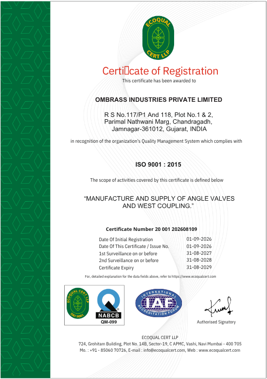 ISO 9001:2015 certified brass manufacturer with quality assurance certification