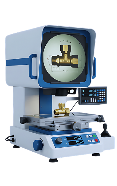 Precision brass parts inspection with profile projector in quality assurance lab